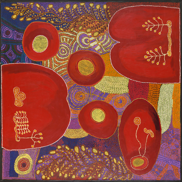 Ruby Tjangawa Williamson / SA b.1940 / Pitjantjatjara people / Artist 
Nita Williamson / SA b.1963 / Suzanne Armstrong  / SA b.1980 / Pitjantjatjara people / (Collaborating artists) 
Ngayuku ngura (My country) Puli murpu (Mountain range) 2012  / Synthetic polymer paint on linen / Purchased 2012 with funds from Margaret Mittelheuser, AM, and Cathryn Mittelheuser, AM, through the Queensland Art Gallery Foundation / Collection: Queensland Art Gallery 

