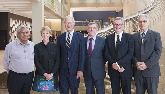 -r: Traditional elder Uncle Des Sandy, Chair of the Queensland Art Gallery Board of Trustees Prof Sue Street, President of the Queensland Art Gallery Foundation Tim Fairfax am, Minister for the Arts the Hon. Ian Walker mp, incoming QAGOMA Director Chris Saines cnzm, Auckland Art Gallery Toi o Tamaki Maori advisory board member Jonathan Mane-Wheoki