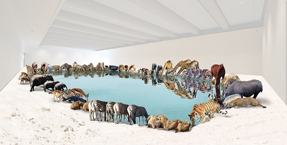Cai Guo-Qiang / Heritage (artist’s impression) 2013 / 99 life-sized replicas of various animals, water, sand / Installed dimensions variable / Commissioned for ‘Cai Guo Qiang: Falling Back to Earth’, Queensland Art Gallery | Gallery of Modern Art, Brisbane / Courtesy the artist
