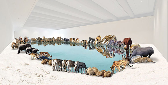 Cai Guo-Qiang / Heritage (artist’s impression) 2013 / 99 life-sized replicas of various animals, water, sand / Installed dimensions variable / Commissioned for ‘Cai Guo Qiang: Falling Back to Earth’, Queensland Art Gallery | Gallery of Modern Art, Brisbane / Courtesy the artist
