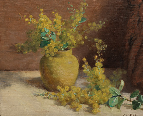 Vida Lahey / Australia 1882–1968 / Wattle in a yellow vase (detail) c.1912–15 / Oil on canvas on plywood / 24 x 29cm / Gift of the Estate of Shirley Lahey through the Queensland Art Gallery Foundation 2012 / Collection: Queensland Art Gallery